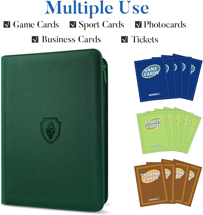 Premium Zip Card Binder, Fabmaker 9 Pocket Trading Card Binder, PU Cover Zipper Card Collection Album, Sturdy 360 Side-Loading Card Folder Holder for Game & Sports Cards, Dark Green
