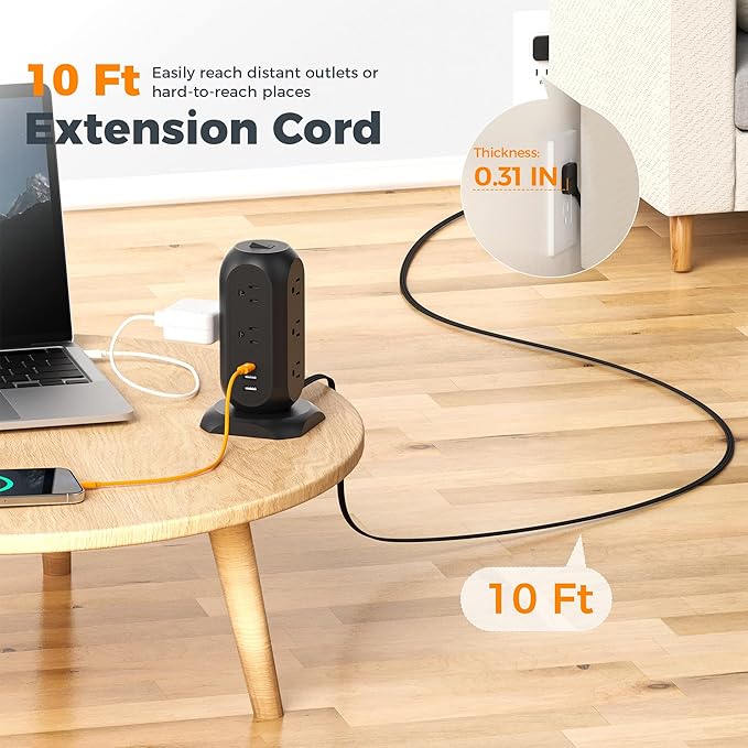 Surge Protector Power Strip Tower, TESSAN 10 Ft Flat Plug Extension Cord with 11 Outlets 3 USB (1 USB C), 1050J Protection, Desk Charging Station for Home, Office, Dorm Room Essentials, Black