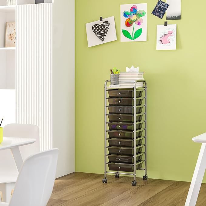 Seville Classics Rolling Utility Organizer Storage Cart, for Home Office, School, Classroom, Scrapbook, Hobby, Craft, 10 Drawer, Black