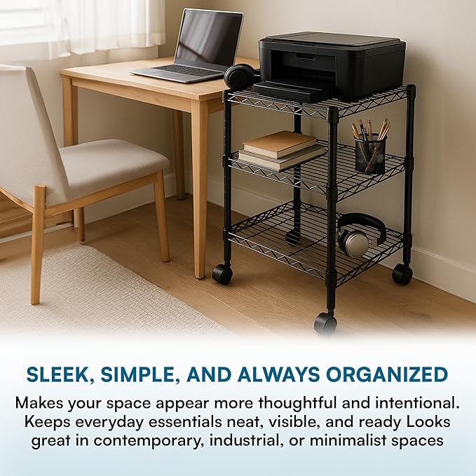 Honey-Can-Do 3-Tier Media Shelf Organizer with Adjustable Shelves, Black Steel Wire Shelving, Storage Rack with Smooth Rolling Locking Casters