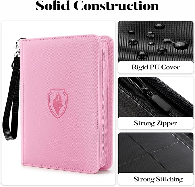 Premium 4 Pocket Zip Card Binder, Trading Card Binder for 320 Cards, Portable PU Card Collection Binder, Collector Card Album Folder for Game & Sports Cards (Pink)