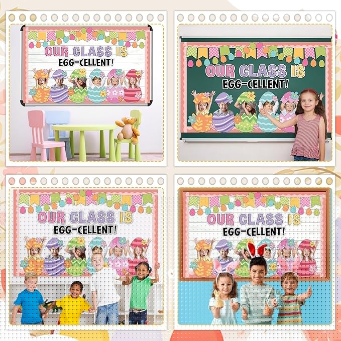 Easter Bulletin Board Decoration Set Easter Egg Paper DIY Photo Craft Cutouts Our Class is Egg-Cellent Spring Classroom Decoration for Holiday Party Teacher School Home Office Chalkboard Wall Decor