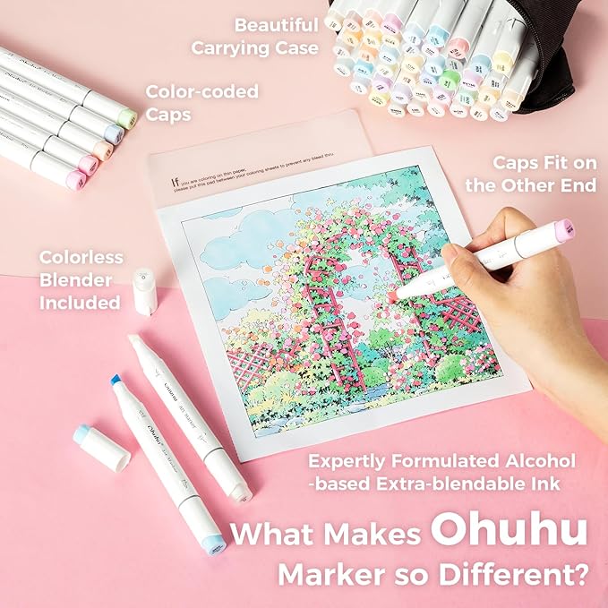 Ohuhu Pastel Alcohol Brush Markers- 48 Colors of Honolulu Sweetness - AP Certificated -Alcohol Based Double Tipped Art Marker Set for Artist Adults Coloring Illustration- Brush & Chisel - Refillable