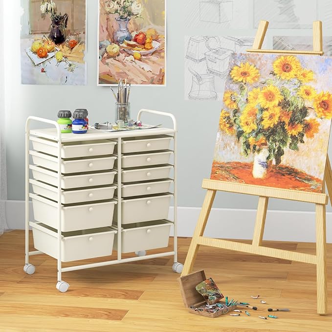 COSTWAY 12-Drawer Rolling Storage Cart, Moveable Art Craft Organizer W/Lockable Wheels, Metal Shelf, Files Arrangement Tools Makeup Storage Cart for Office, Home, School, White
