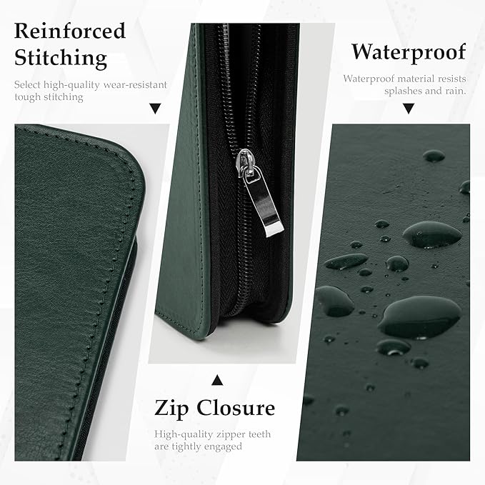 EYROZILL Zippered Leather 3 Ring Binder Organizer with Pockets – Business Portfolio Folder with Card Slots, Phone Holder, Pen Loop (Dark Green)
