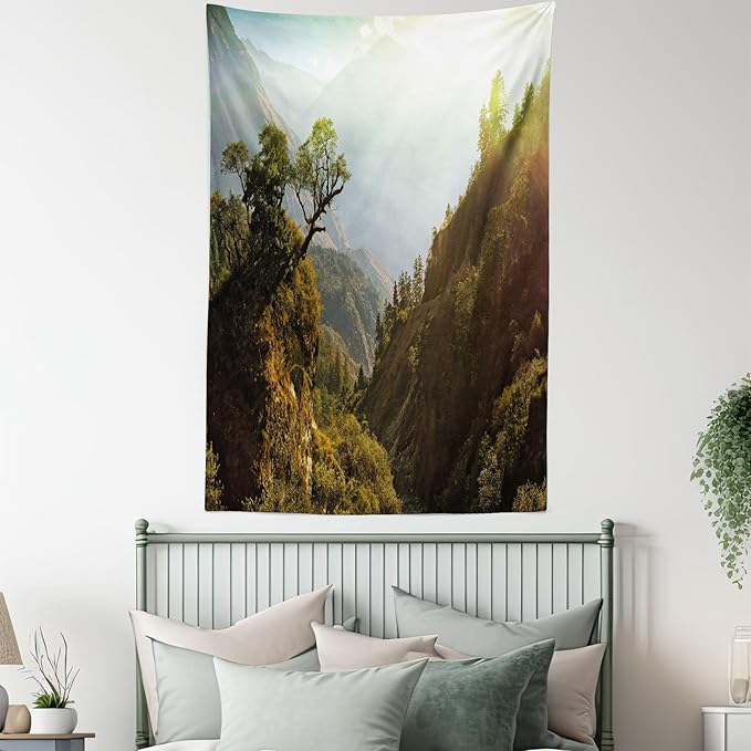 Ambesonne Landscape Tapestry, Forest Nepal Himalaya Mountains Sunlight Majestic Scenery Nature Photo, Fabric Wall Hanging Decor for Bedroom Living Room Dorm, 30" X 45", Green Pale Yellow