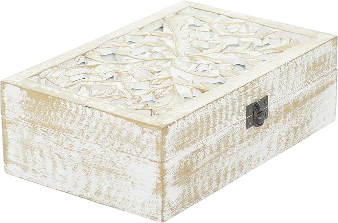 Deco 79 Mango Wood Floral Handmade Decorative Box Decorative Keepsake Boxes with Hinged Lid, Set of 3 Storage Boxes 8", 10", 12"W, White