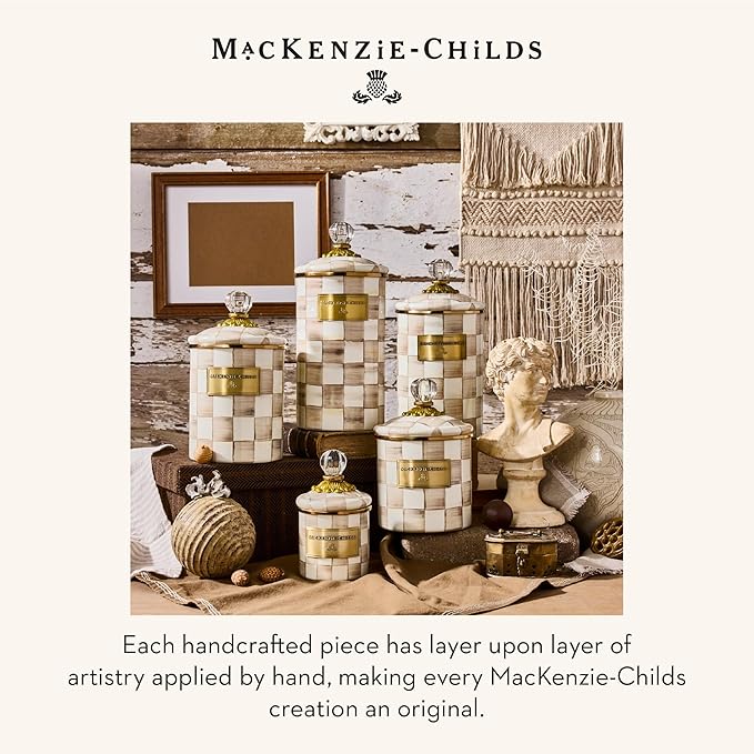 MACKENZIE-CHILDS Mini Enamel Canister, Kitchen Storage Container with Lid, Brown-and-White Mocha Check