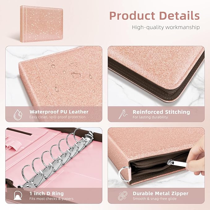 Ospelelf Rose Gold Zippered 7 Ring Check Binder for Business Checks (9" x 13"), 1 Inch Faux Leather Checkbook Portfolio with Zipper Pouch, Professional Binder Organizer for Accountants, Home Use