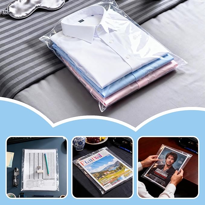 50 Pack 9 3/8 x 12 2/5 inches Crystal Clear Sleeves Storage Bags, Self Sealing Cellophane Bags Magazine Sleeves Protectors for 9x12 Photo Mats Art Prints Drawings