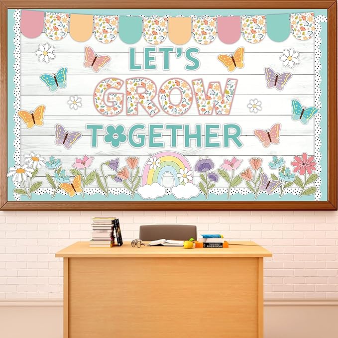 Spring Bulletin Board Decor Set Motivational Let's Grow Together Pastel Flower Butterfly Rainbow Classroom Cutout April Or May Bulletin Board for Back to School Home Nursery Chalkboard Wall Decor