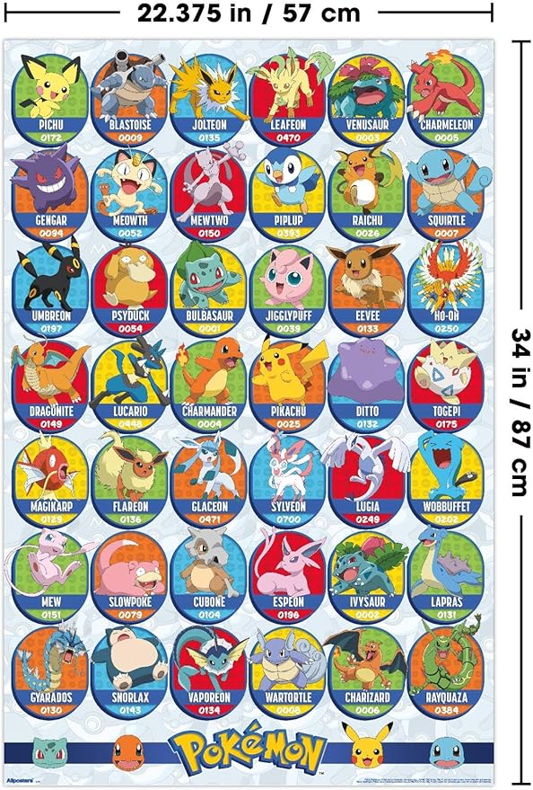Pokémon: All-Time Favorites - Grid Wall Poster, 34L" x 22.4W", Poster & Clip Bundle