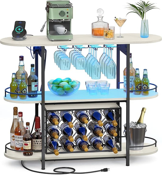 VASAGLE Bar Cabinet with LED Lights and Power Outlets, Freestanding Coffee Bar Wine Cabinet, Wine Rack, Glass Holder, Mini Bar for Liquor and Glasses, Kitchen, Dining Room, Rustic White ULWR007W01S