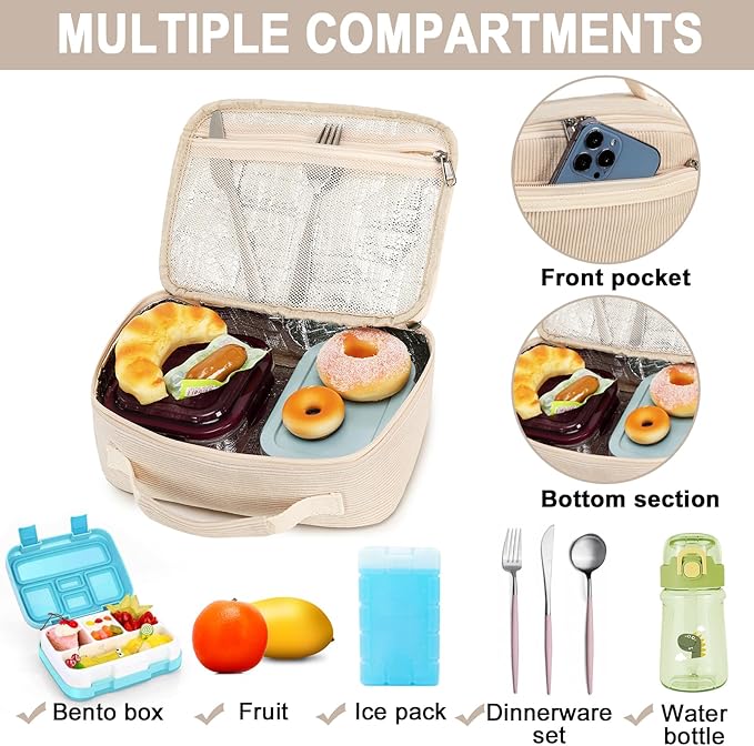 Bluboon Kids Girls Lunch Bag Insulated Lunch Box for school Corduroy Lunch Cooler Organizer School Kids Lunch Tote (Corduroy-White)