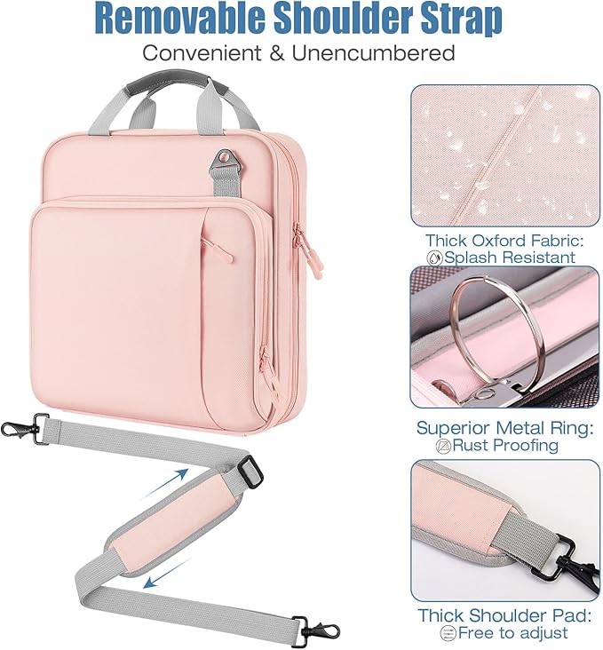 MoKo Zipper Binder, 2 Inch 3 Ring Binder with Zipper, 500 Sheet Capacity Zip Up Binders with Shoulder Strap Handle, Multi-Pocket Zip Up Binders for Middle School Student, Pink