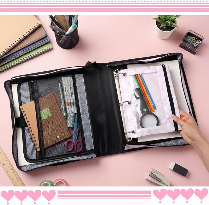 4 Pcs Pink Bow Coquette Zipper Binder with Pouch Bag Set 1.5 Inch 3-Ring Expanding Folders with Shoulder Straps and Handle Bowknot Keeper Watercolor Zipper Case for Office