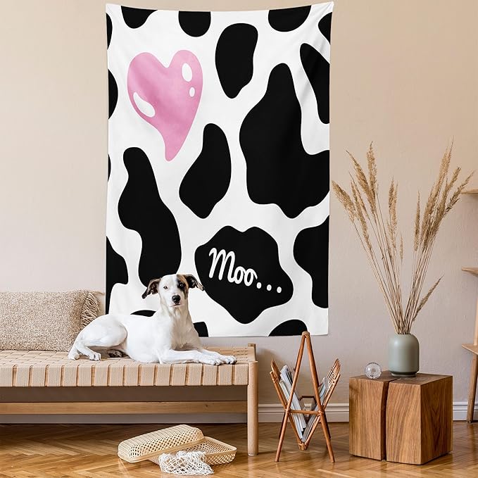 Ambesonne Cow Print Tapestry, Camouflage Hide Skin Pattern in Pastel Color Shades Heart Shape Moo, Fabric Wall Hanging Decor for Bedroom Living Room Dorm, 23" X 28", Pink Black White