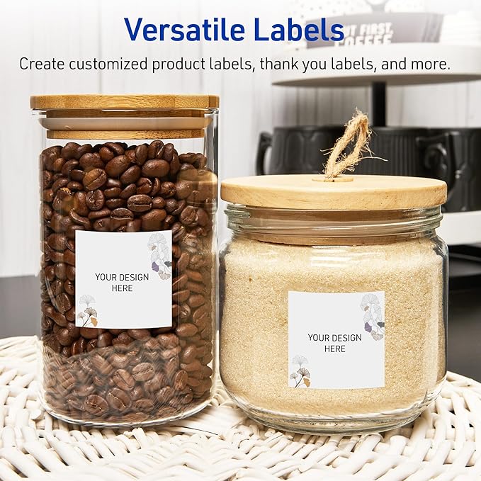 Avery Printable Square Labels with Sure Feed Technology, Pre-Printed Silver Metallic with Gingko Leaves Design, Matte White, 2" x 2", Laser & Inkjet Compatible, 120 Total