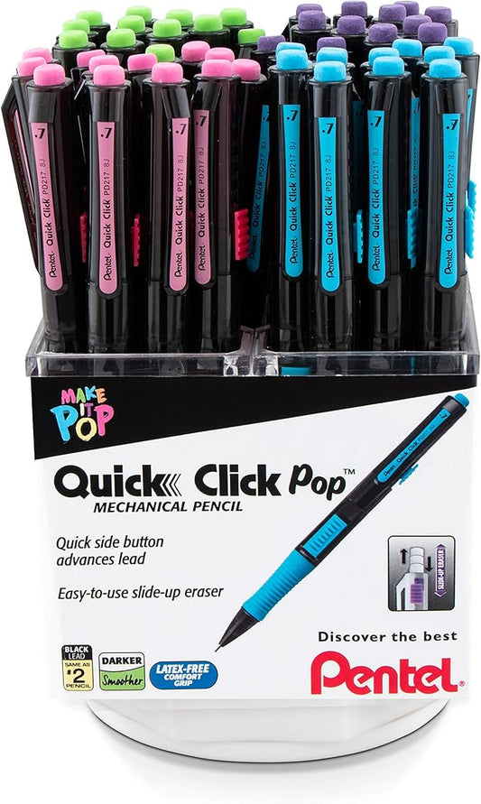 Pentel Quick Click Pop Mechanical Pencil, (0.7mm) Med. Line, Assorted Barrels, Spinner Display - 42 Pieces (PD217A-42)