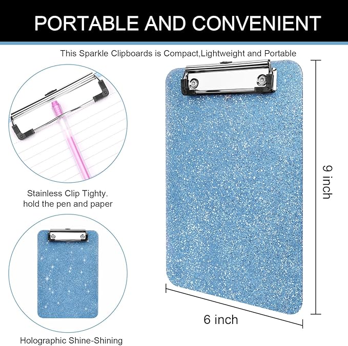 2 PCS A5 Size Clipboards,Size 6X 9inches,Glitter Clipboard with Low Profile Clip,Sparkle Plastic Clipboard,Cute Hanging Clip Boards for Office Supplies Clipboards Mini Clip Board