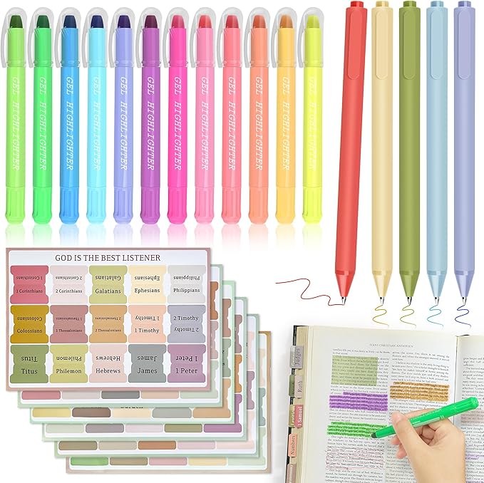 12 Bright No Bleed Bible Gel Highlighters & 5 Pens with 90 Laminated Bible Tabs, Aesthetic Bible Journaling Kit School Supplies for Women & Men(73 Pre-Printed & 17 Blank Tabs)
