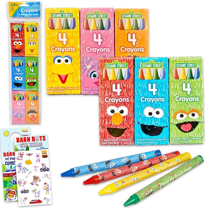 Sesame Street 6 Individually Wrapped Crayon Packs for Kids - Bundle with 24 Crayons Featuring Elmo, Big Bird, Cookie Monster Plus Stickers, More | Sesame Street Art Set for Toddlers