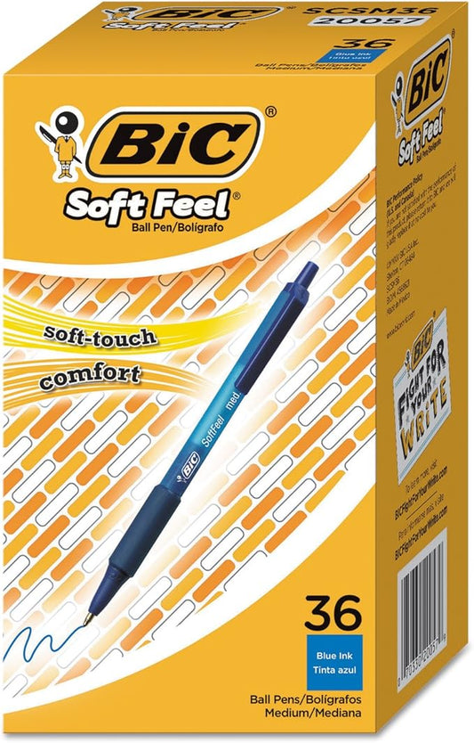 BIC Soft Feel Blue Retractable Ballpoint Pens, Medium Point (1.0mm), 36-Count Pack, Blue Pens With Soft-Touch Comfort Grip