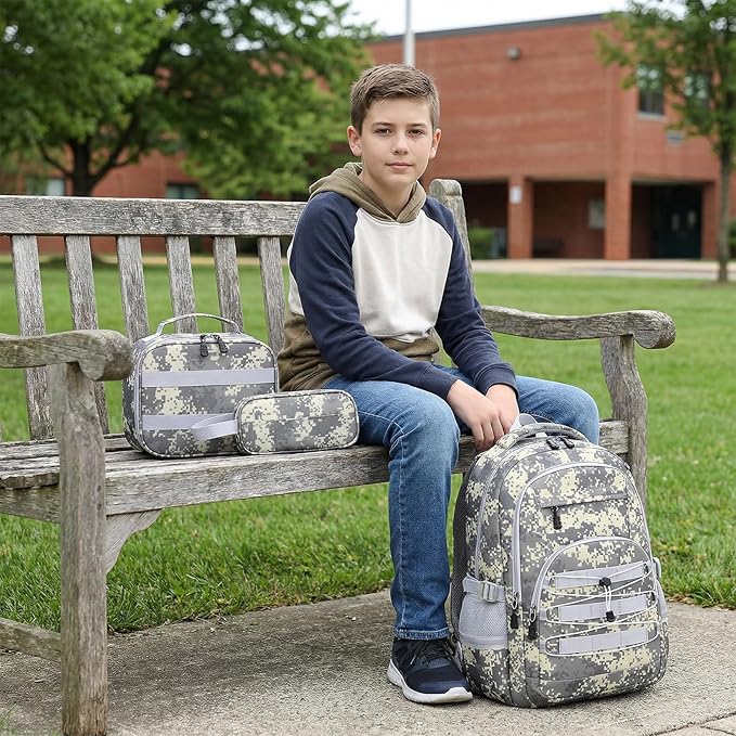 School Backpacks for Boys - 4pcs Camo Boys Backpacks with Lunch Box Set for Kids Teens Elementary Middle School, 18″ Large Capacity Students Bookbag, Perfect for Travel
