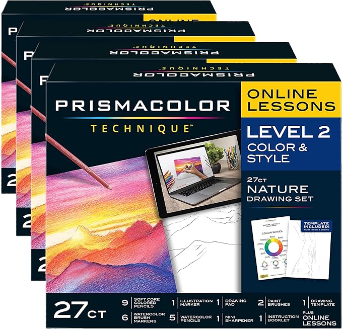 Prismacolor Technique Art Supplies and Digital Art Lessons Nature Drawing Set Level 2 Watercolor Pencils Brush Markers and More Sunset Landscape Drawing 27 Count (Pack of 4)