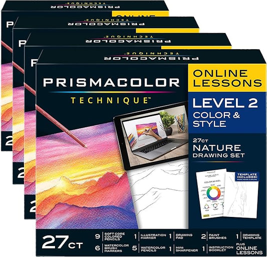 Prismacolor Technique Art Supplies and Digital Art Lessons Nature Drawing Set Level 2 Watercolor Pencils Brush Markers and More Sunset Landscape Drawing 27 Count (Pack of 4)