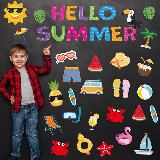 96Pcs Summer Cutouts Bulletin Board Decorations Set - Pool Beach Hawaiian Theme Cut Outs Ball Bulletin Board Border Decorations for Office School Classroom Teacher Supplies