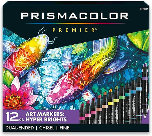 Prismacolor Premier Dual-Ended Art Markers, Chisel and Fine Tips, Hyper Bright Colors, 12 Count - Art Supplies, Alcohol-Based Ink, Creative, Artist, Adult Coloring