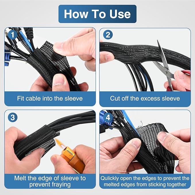Nilight Cable Sleeve, 25ft-1inch Cord Management Sleeves, Braided Sleeving, Split Self Wrapping Wire Loom for Computer Electrical Automotive Harness Protector Organizer, Black