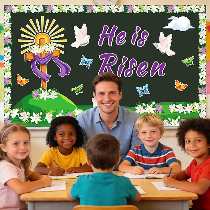 Easter Bulletin Board Decorations, 59Pcs Christian Bulletin Board Sets, He is Risen Bulletin Board Decorations, Cross Butterflies Floral Easter Religious Decorations for Sunday School Church Decor