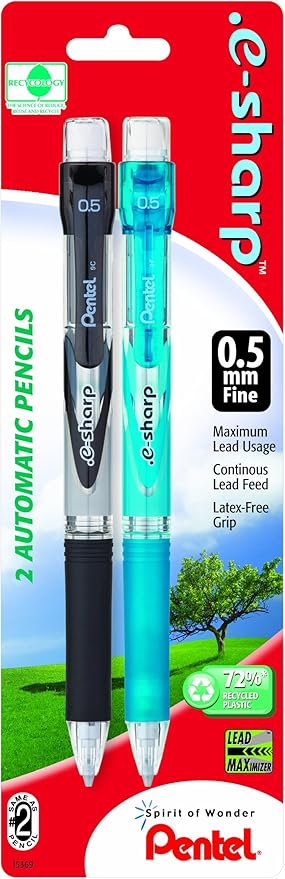 Pentel.E-Sharp Automatic Pencil, 0.5mm, Assorted Barrels, 2 Pack (AZ125BP2M-K6)