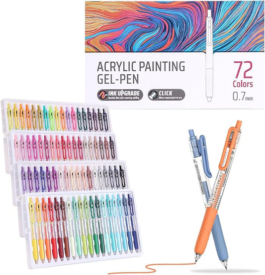 Acrylic Colored Pens Set, 72 Colors Retractable Gel Ink Pens, 0.7mm Fine Point Colorful Pen for Black Paper, Rock, Glass, Fabric and Art Crafts Supplies, Color Pen for Journaling Note Taking