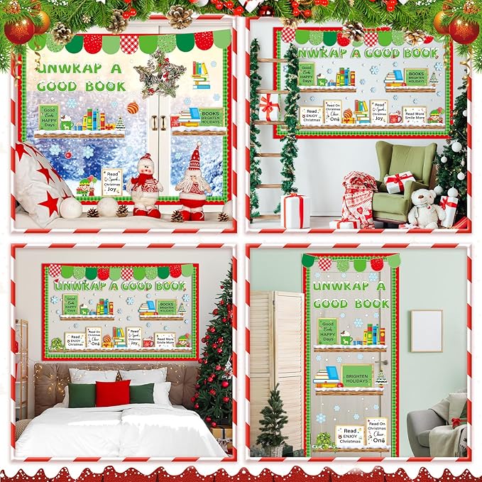 Christmas Bookshelf Bulletin Board Set Unwrap A Good Book Motivational Classroom Decor Reading Library Positive Paper Cutouts Red Green Bulletin Board Border for School Holiday Party Decor Supplies