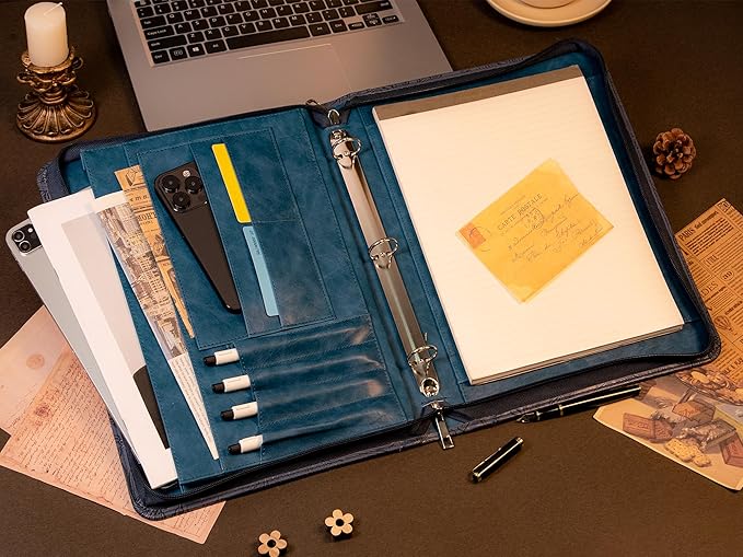 AZXCG Embossed Portfolio Binder,3-Ring Zipper Padfolio for Women and Men,A4/Letter Size,PU Leather with iPad,Professional Organizer for Resume/Interview