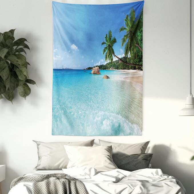 Ambesonne Ocean Tapestry, Anse Lazio Beach at Praslin Island Surfing Beach Scenic View Travel, Fabric Wall Hanging Decor for Bedroom Living Room Dorm, 23" X 28", Blue and Turquoise