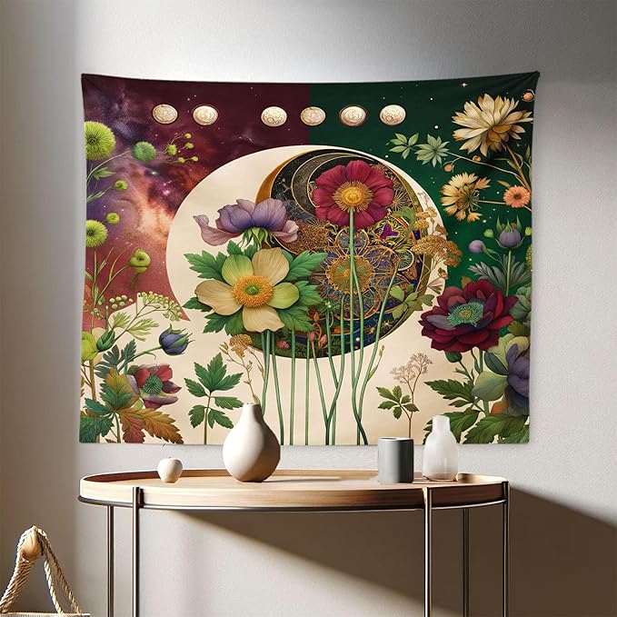 Ambesonne Moon Tapestry, Abstract Blooming Gentle Leafy Flowers with Lunar Phase Ethno Details, Fabric Wall Hanging Decor for Bedroom Living Room Dorm, 28" X 23", Fern Green Eggshell Lilac