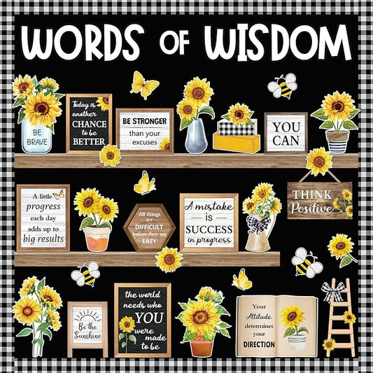 57 Pcs Sunflower Bulletin Board Set Inspirational Flower Bulletin Board Decoration Positive Cutout Classroom Decoration for School Office Home Teacher Classroom Wall Supplies