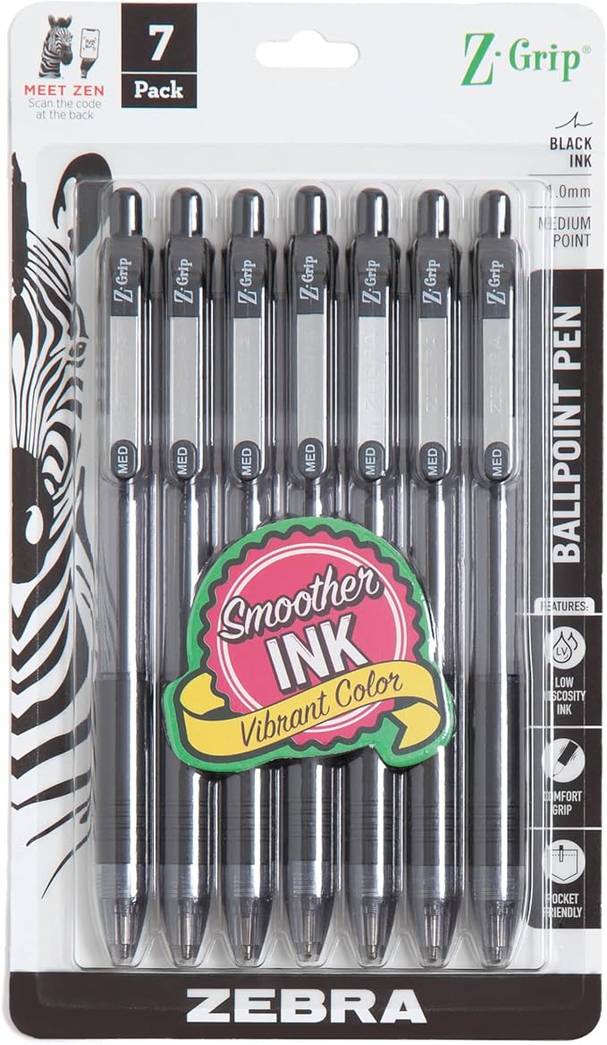 Zebra Pen Z-Grip Retractable Ballpoint Pen, Smooth-Flowing Black Ink, 1.0mm Medium Point, School & Office Supplies, Ideal for Note-Taking, Journal and Planner Use, 7-Pack (22271)
