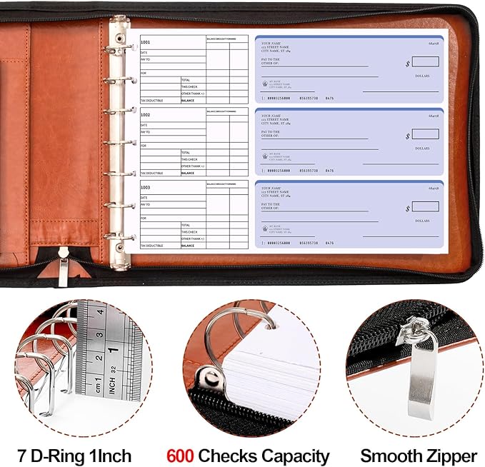 SUNEE Zippered Business Checkbook Binder 7 Ring 1 Inch with Zipper for Business Checks (9" x 13"), PU Leather Check Binder Holds 600 Checks Capacity for Executive Supplies, Brown