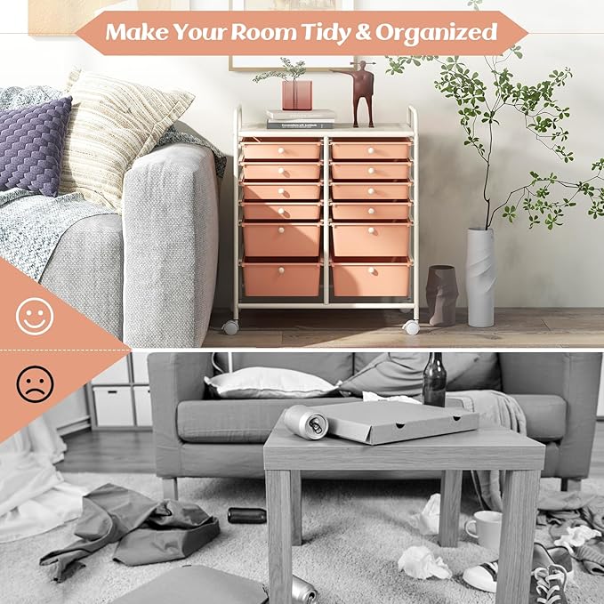 COSTWAY 12-Drawer Rolling Storage Cart, Moveable Art Craft Organizer W/Lockable Wheels, Metal Shelf, Files Arrangement Tools Makeup Storage Cart for Office, Home, School, Peach