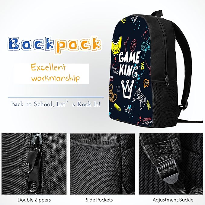 3PCS Gamer Backpack Set for Boys, Lightweight Large Backpack with Lunch Box & Pencil Case, Cool Game Video Bookbag for Kids, Back to School Backpacks for Elementary & Middle School