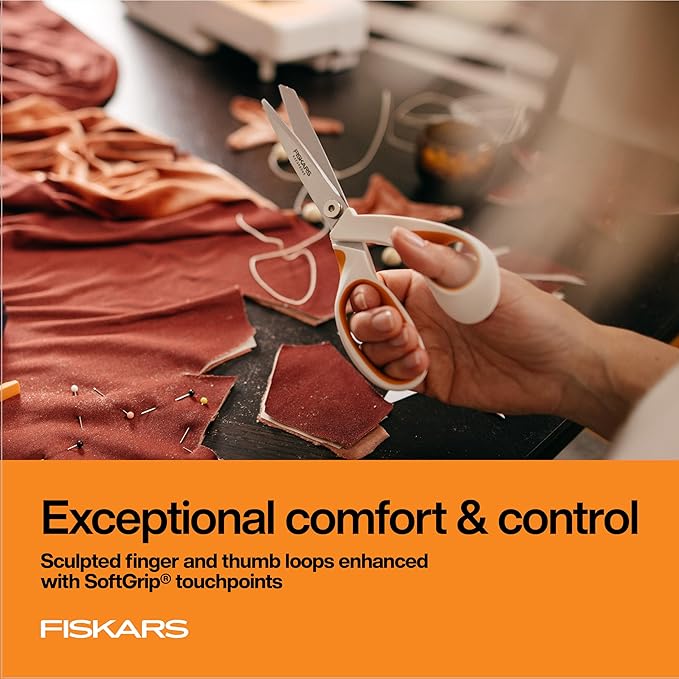 Fiskars RazorEdge Fabric Scissors, Heavy Duty Fabric Shears, Ultra-Sharp Stainless Steel Blades & SoftGrip Ergonomic Handle, 8”, White/Orange