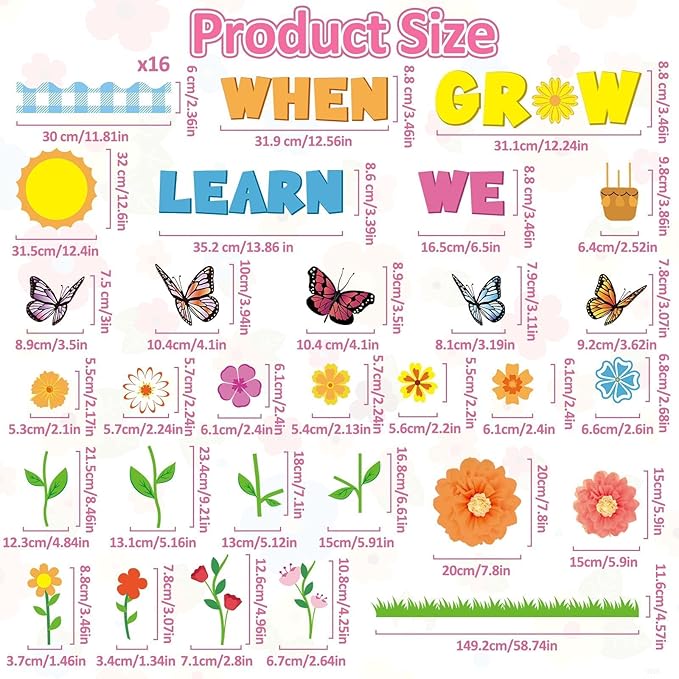 Spring Bulletin Board Decorations Flowers Themed Bulletin Board Set When We Learn We Grow Bulletin Board with 3D Paper Flower Cutouts for Back to School Classroom Wall Decor