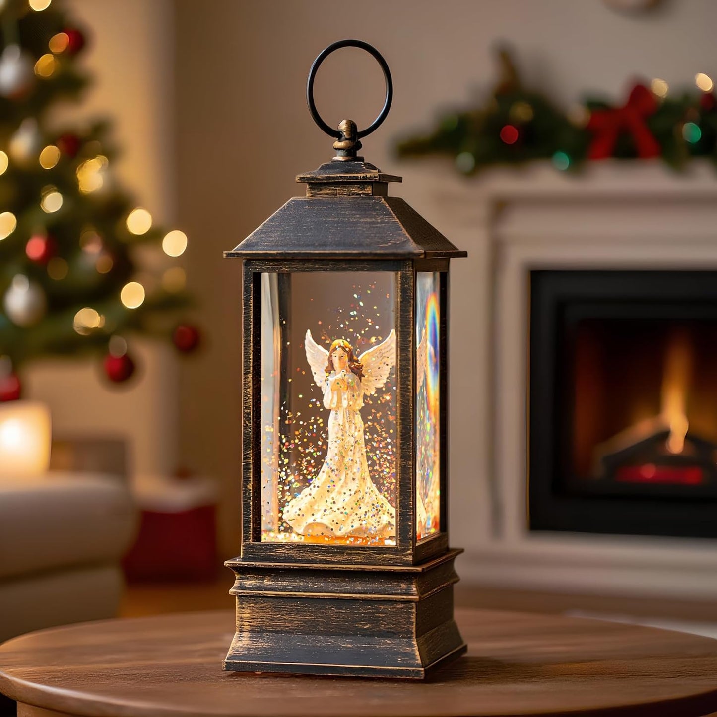 Christmas Snow Globe Lantern Water Glittering Angel with Dove, USB Lined/Battery Operated Lighted Lantern for Christmas Festival Decoration Gifts