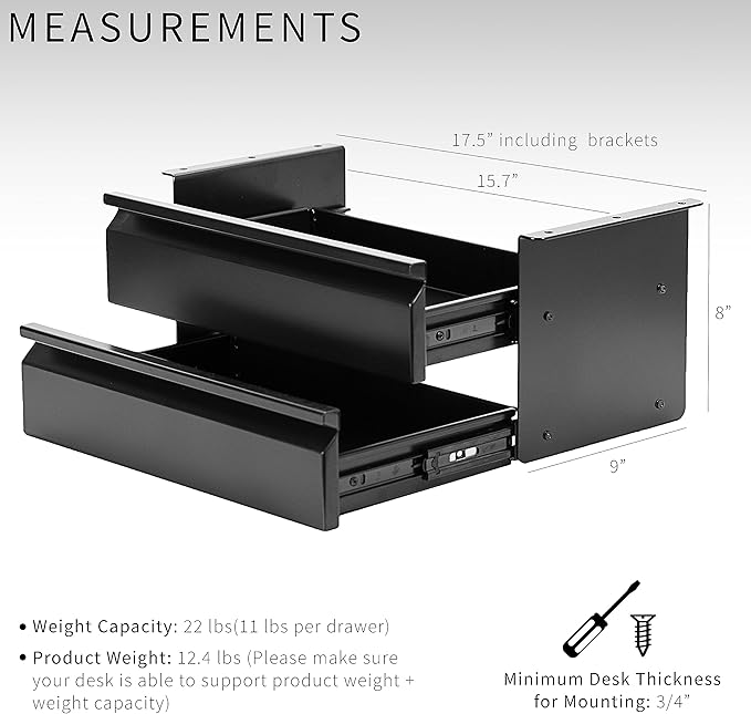 VIVO 16 inch Slide Out Dual Tier Desk Drawer, Under Desk 2 Layer Storage, Black, DESK-DR02