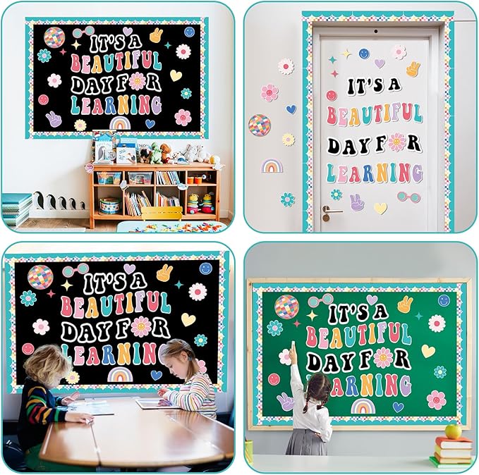 Hippie Boho Classroom Bulletin Board Decorations Groovy Retro Back to School Bulletin Set It's a Beautiful Day for Learning Classroom Decoration Colorful Cutout for Teacher Kindergarten Preschool Wall